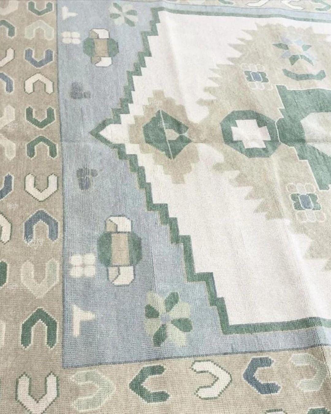 Green - Blue Oushak Rug – Hand Knotted Geometric Area Rug 4x6, 5x8, 9x12, 10x14 ft Handmade Rug for Living Room | Antique Style Ethnic Rug