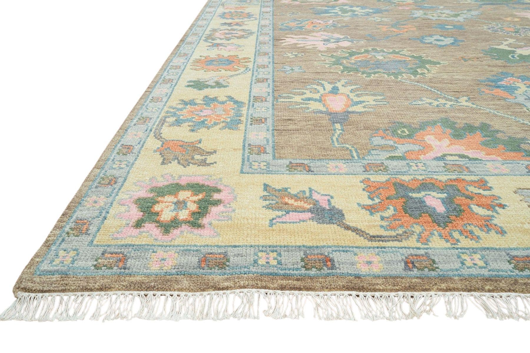 Beige Brown Hand Knotted Wool Rug, Large Turkish Area Carpet , Vintage Floral Botanical Design For Living Room Bedroom Home Decor Rug