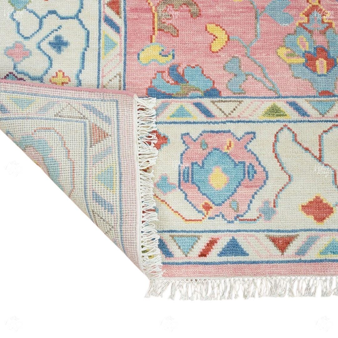Pink Oushak Rug – Hand Knotted Wool Area Carpet | Light Blue & Ivory Border | Modern Turkish Floral Design | Handmade Boho Living Room Decor