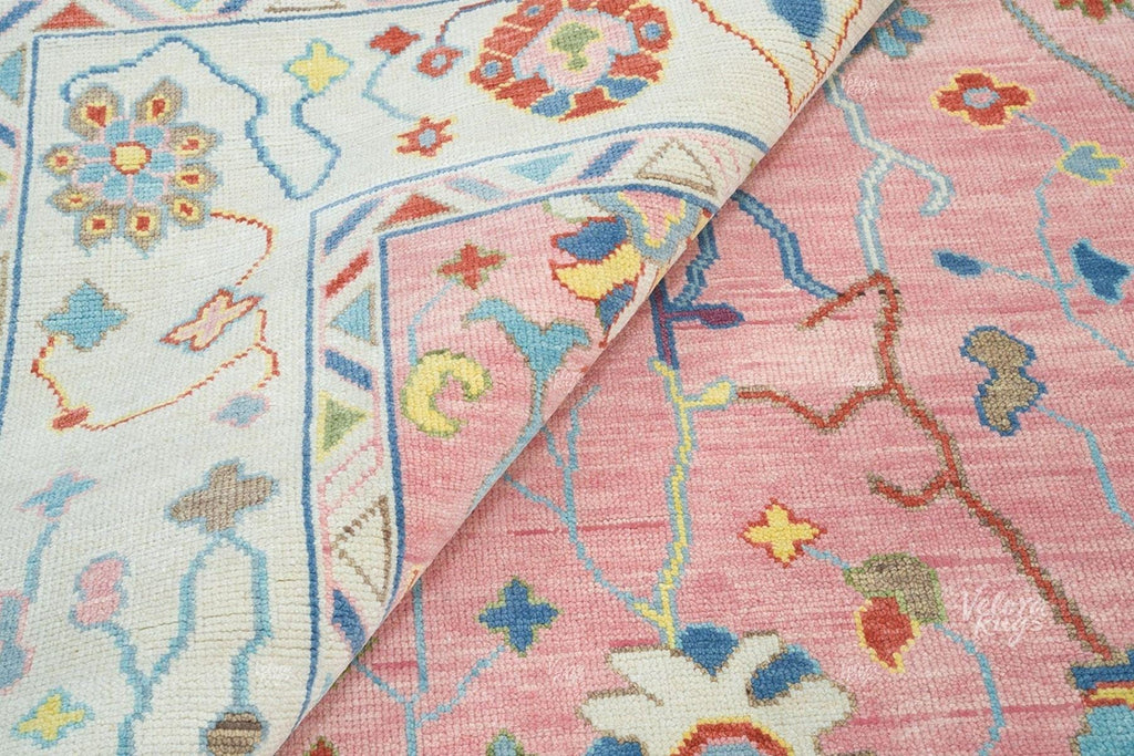 Pink Oushak Rug – Hand Knotted Wool Area Carpet | Light Blue & Ivory Border | Modern Turkish Floral Design | Handmade Boho Living Room Decor