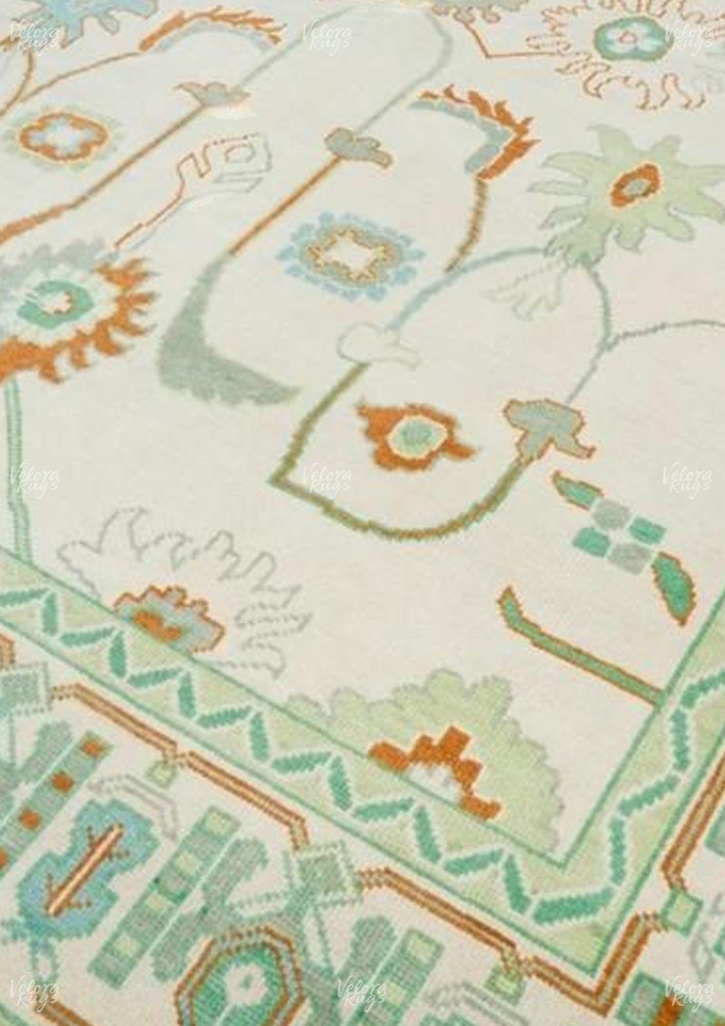 Hand-Knotted Light Green Oushak Rug: Turkish Wool Area Rug