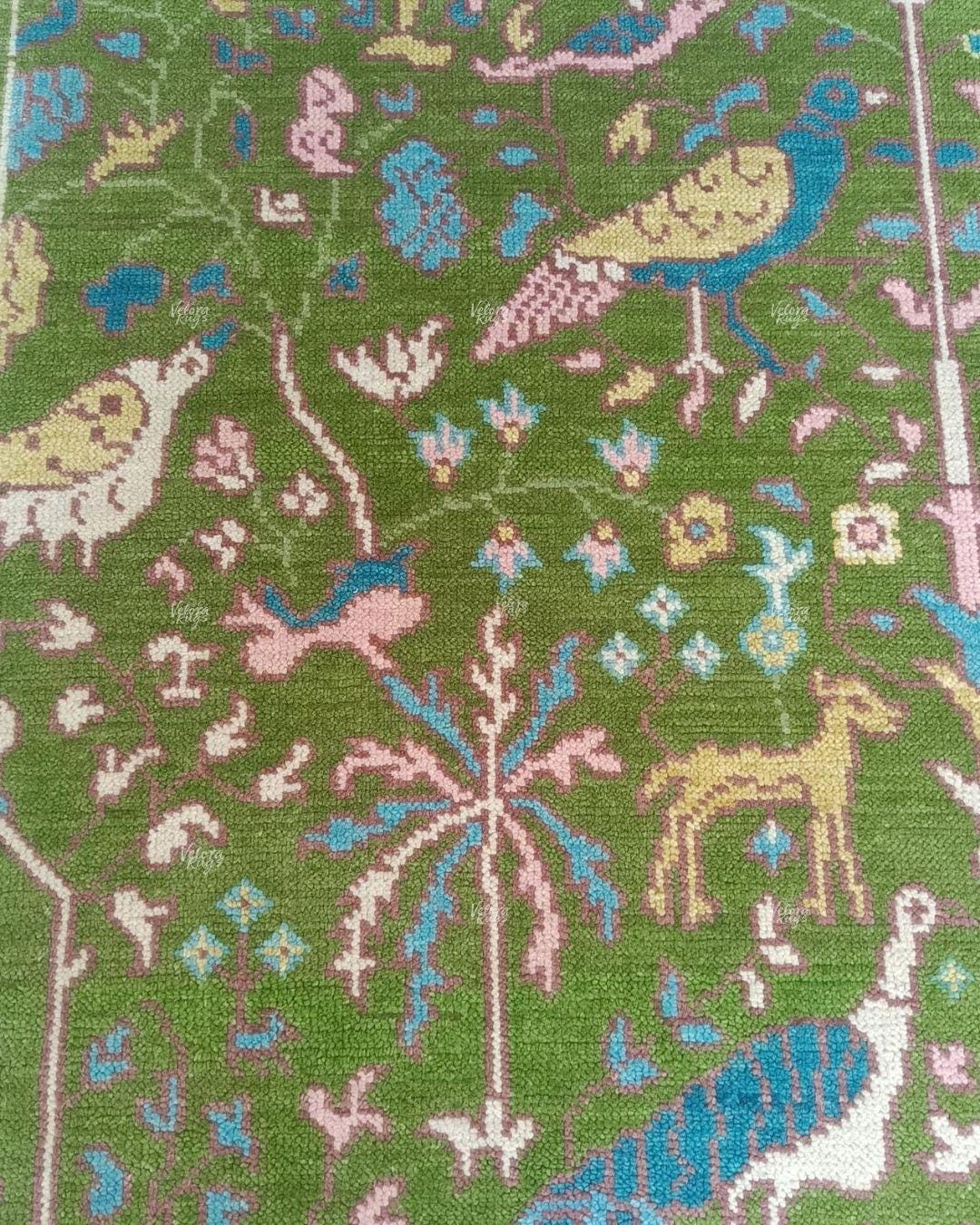 Hand Knotted Green Oushak Rug | Persian Animal Garden Area Rug 4x6, 5x8, 8x10, 9x12 ft | Anique Handmade Rug for Living Room &  Bedroom