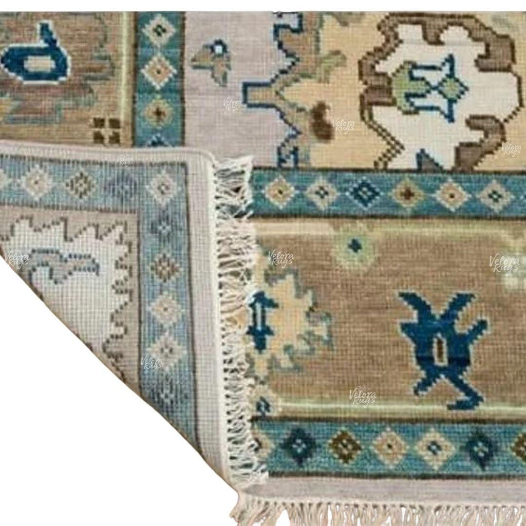 Hand Knotted Wool Oushak Rug | Beige and Green Oriental Area Carpet | Traditional Turkish Style Floral Design | Living Room Home Decor Rug
