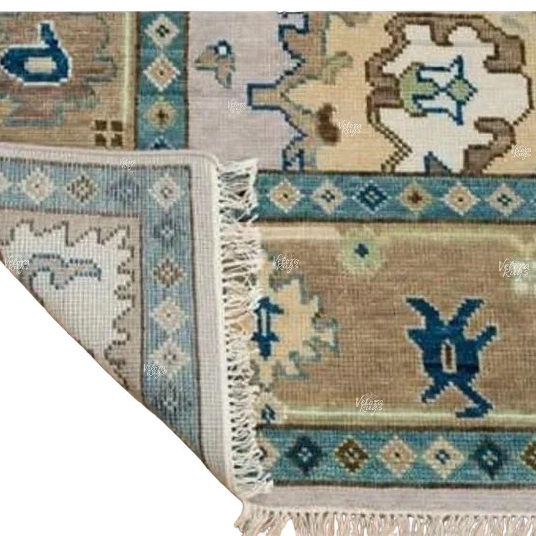 Hand Knotted Wool Oushak Rug | Beige and Green Oriental Area Carpet | Traditional Turkish Style Floral Design | Living Room Home Decor Rug