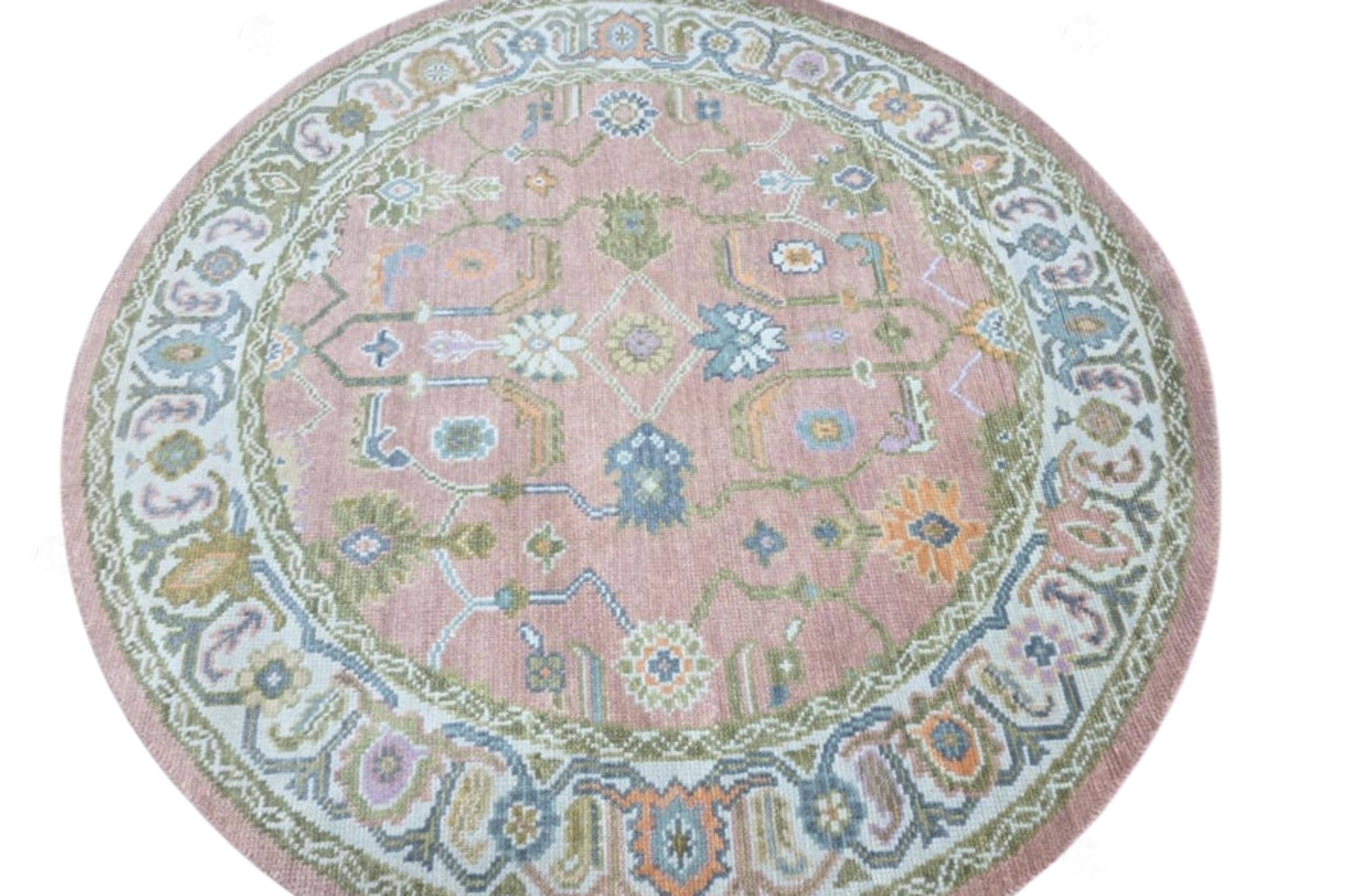Round Oushak Rug 5' 6' 7' 8' 9' 10' Diameter - Hand Knotted Wool Turkish Style Rug - Modern Pink Multicolor - Living Room and Dining Decor