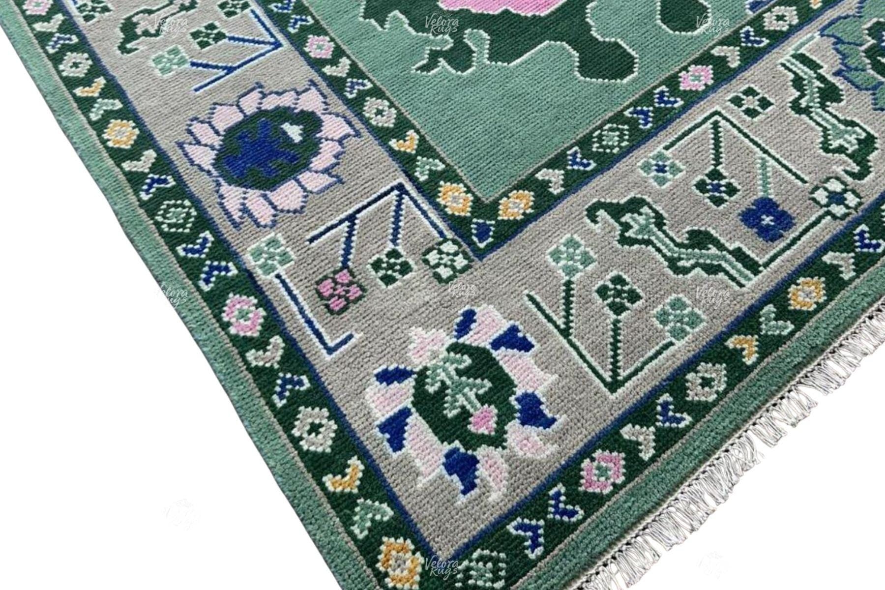Hand Knotted Green Oushak Wool Rug | Traditional Floral Pattern Carpet | Vintage Turkish Style Area Rug for Living Room & Bedroom |
