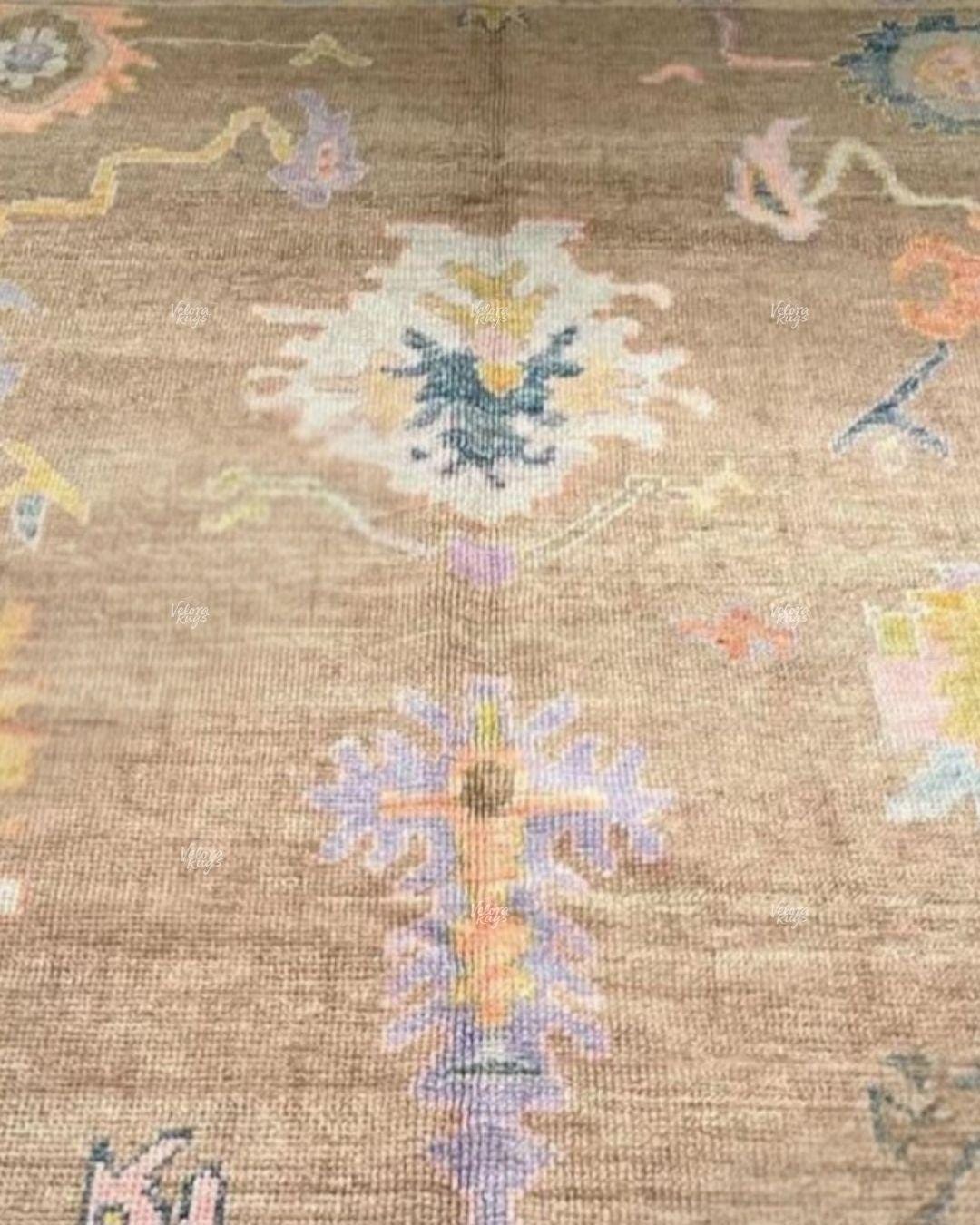 Handmade Brown Modern Oushak Wool Rug | Neutral Color 8x10 Turkish Carpet | Pastel Floral Area Rug For Living Room, Bedroom | Customize Rug