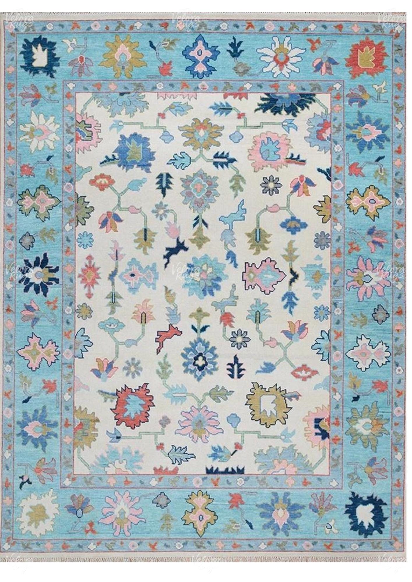 Hand-Knotted Oushak Wool Rug: Beige & Light Blue Turkish Carpet