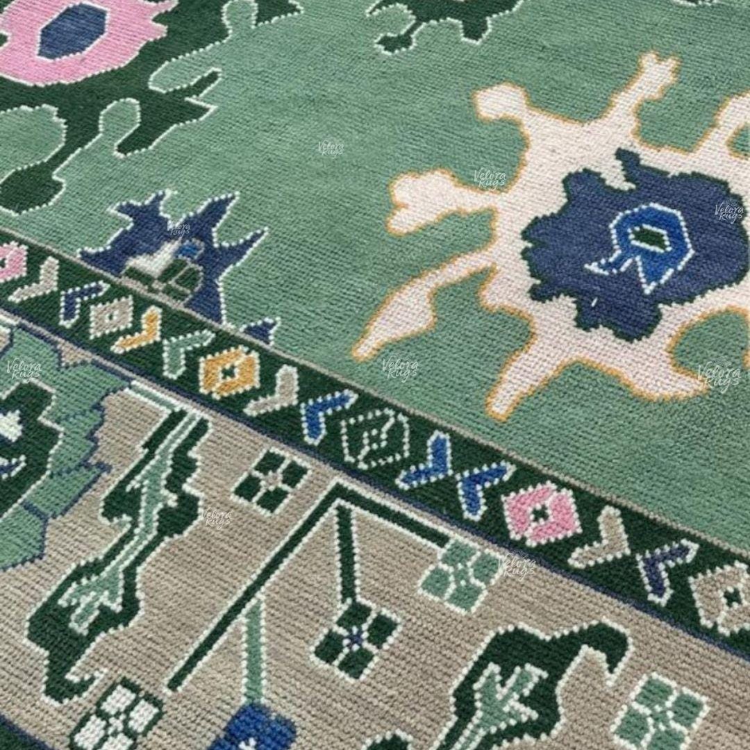 Hand Knotted Green Oushak Wool Rug | Traditional Floral Pattern Carpet | Vintage Turkish Style Area Rug for Living Room & Bedroom |