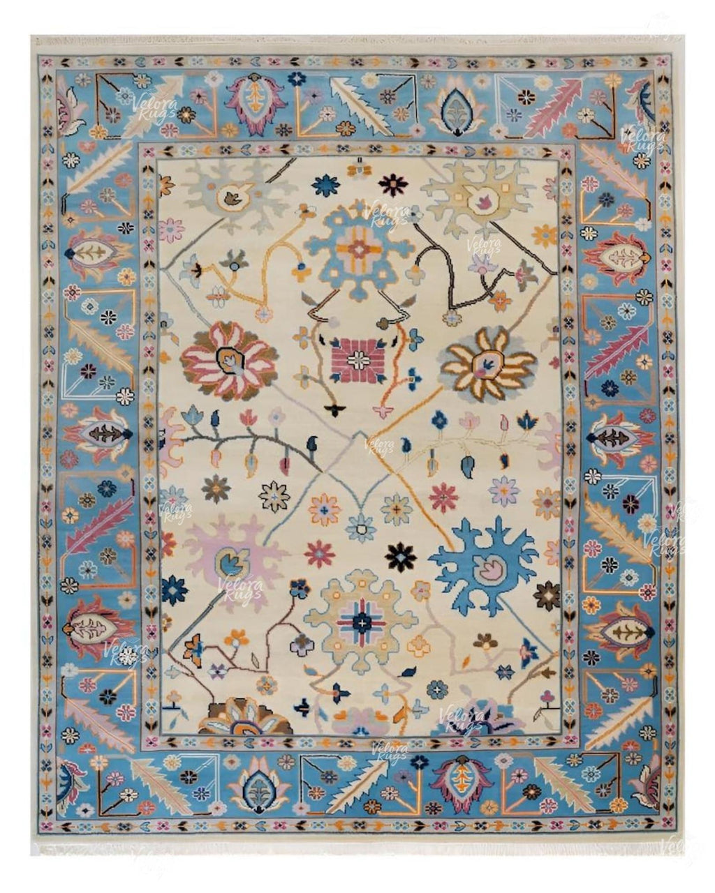 Cream- Lt. Blue Oushak style Hand Knotted Rug 4x6, 5x8, 6x9, 8x10, 9x12, 10x14 ft Contemporary Handmade Rugs for Living Room, Bedroom & Hall