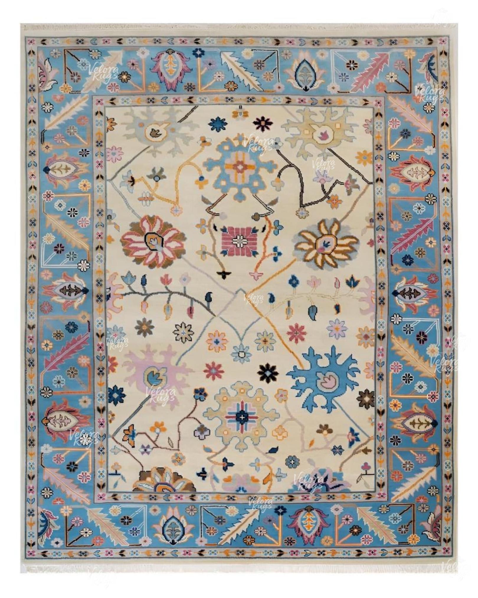 Cream- Lt. Blue Oushak style Hand Knotted Rug 4x6, 5x8, 6x9, 8x10, 9x12, 10x14 ft Contemporary Handmade Rugs for Living Room, Bedroom & Hall