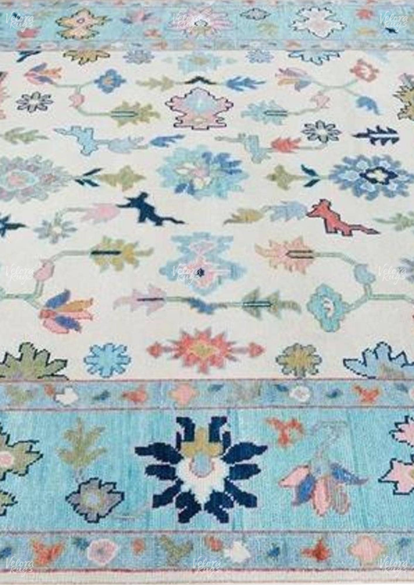 Hand-Knotted Oushak Wool Rug: Beige & Light Blue Turkish Carpet