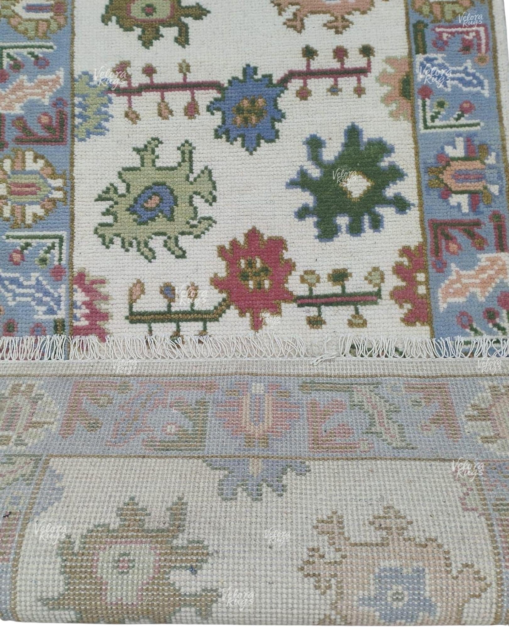 Handmade Oushak design Runner Rug - Cream - Blue color Contemporary Style Wool Runner Rug - Hallway Runner - Kitchen runner - Boho runner