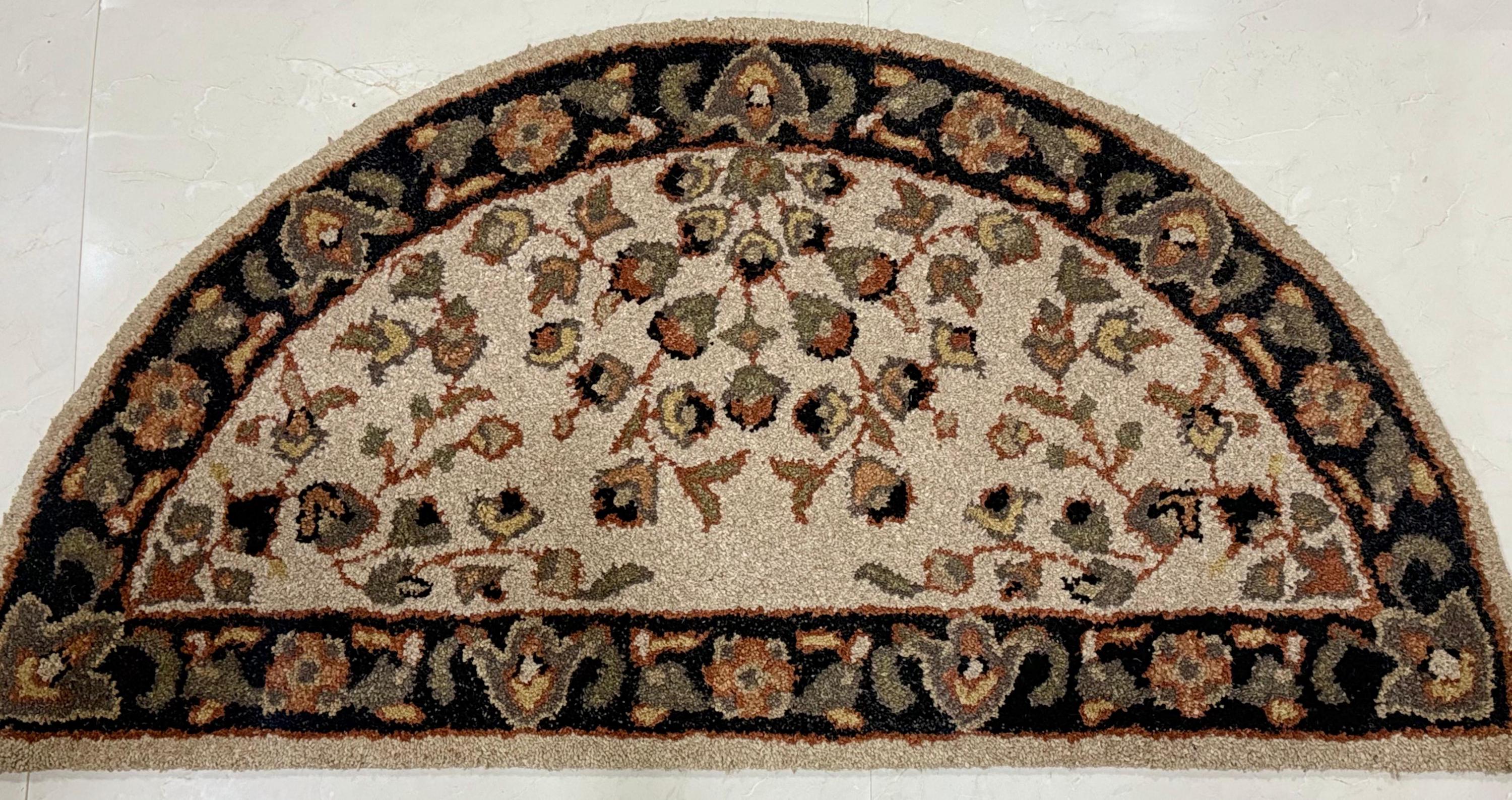 Half Moon Floral Door Mat Rug, Hand Tufted Wool Entryway Rug, Semi Circle Carpet, Vintage Persian Style Accent Mat for Kitchen or Bathroom