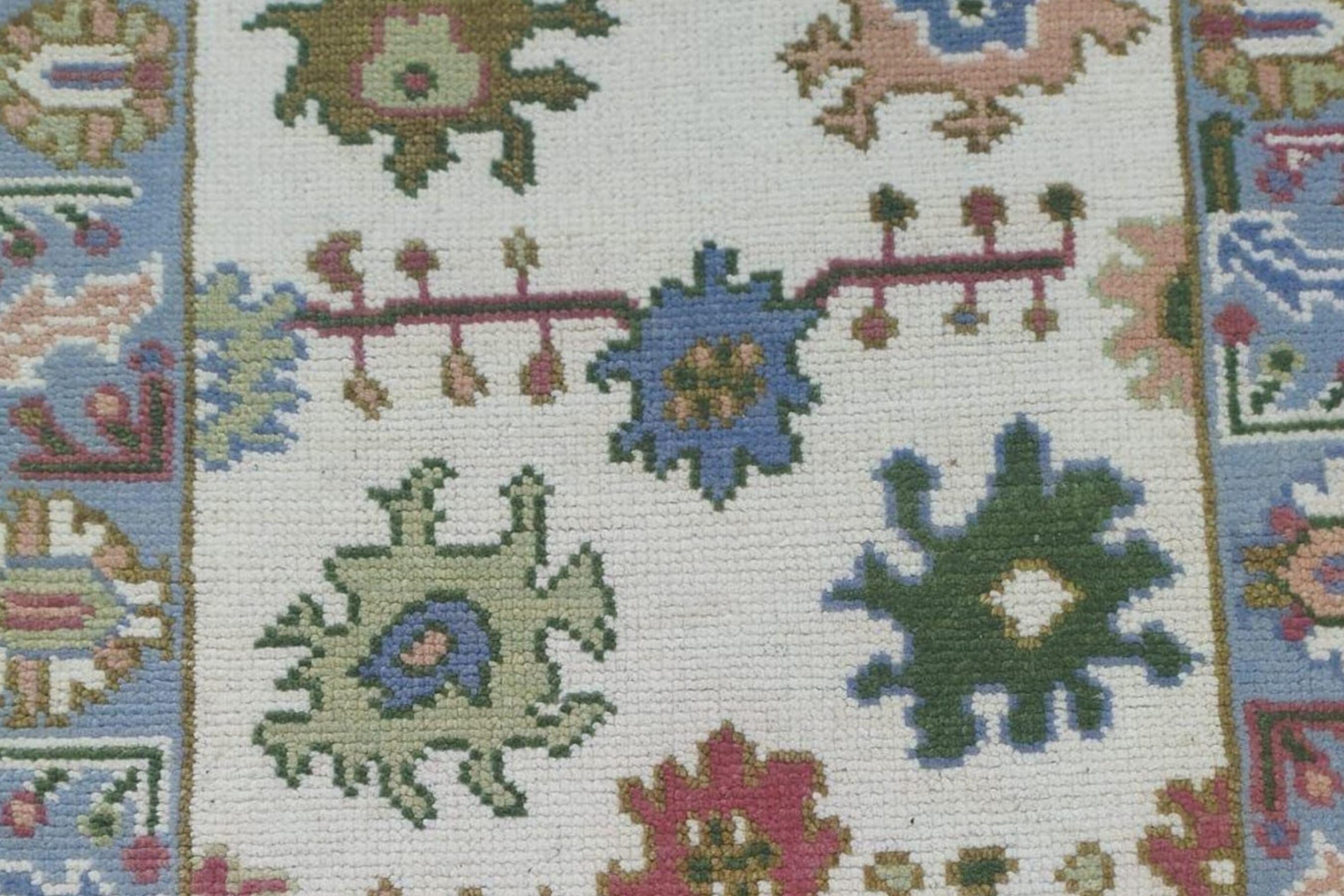 Handmade Oushak design Runner Rug - Cream - Blue color Contemporary Style Wool Runner Rug - Hallway Runner - Kitchen runner - Boho runner