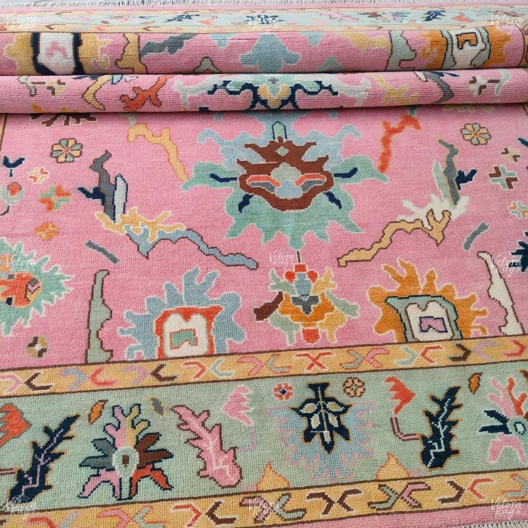 Pink Rug with Pastel Green Border Hand Knotted Woolen Rug, Traditional Persian Style Carpet, Vintage Turkish Tribal Design, Living Area Rug