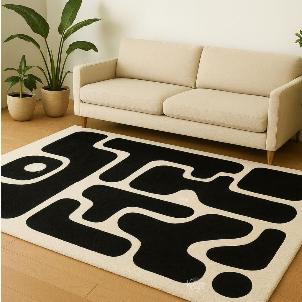 Hand Tufted Black and White Wool Rug | Modern Abstract Area Carpet | Minimalist Living Room Rug | Contemporary Home Decor