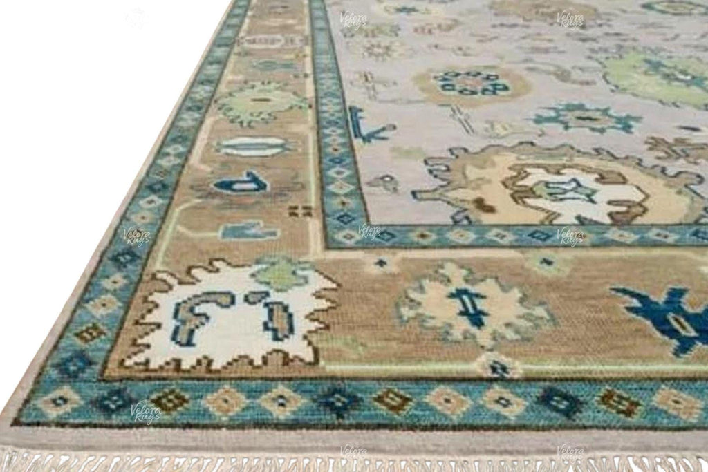 Hand Knotted Wool Oushak Rug | Beige and Green Oriental Area Carpet | Traditional Turkish Style Floral Design | Living Room Home Decor Rug