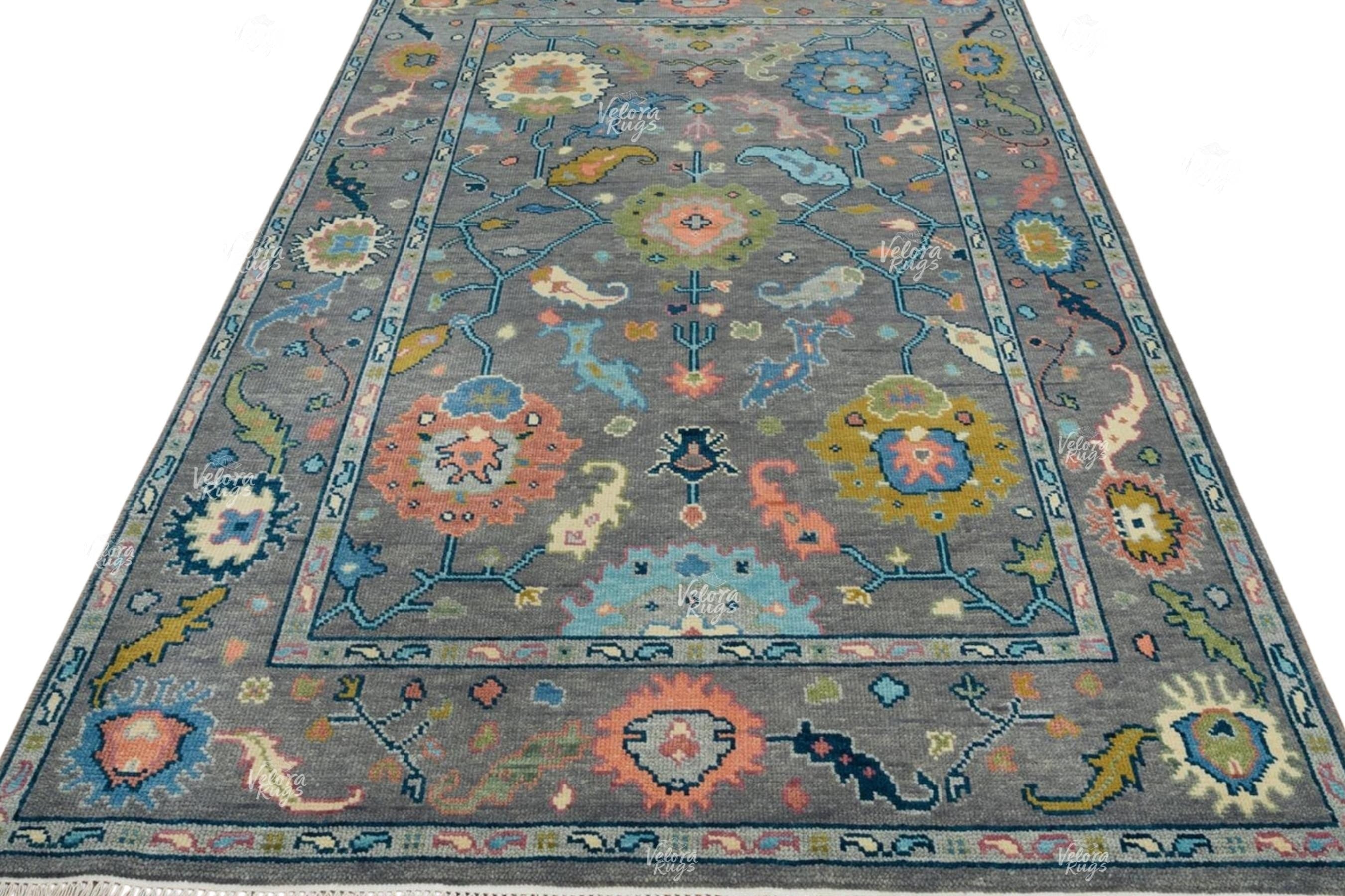 Handmade Grey Oushak Rug | Soft Wool Area Rug 4x6, 8x10, 9x12 ft | Floral Turkish Design | Custom Size Available | Modern Farmhouse Decor