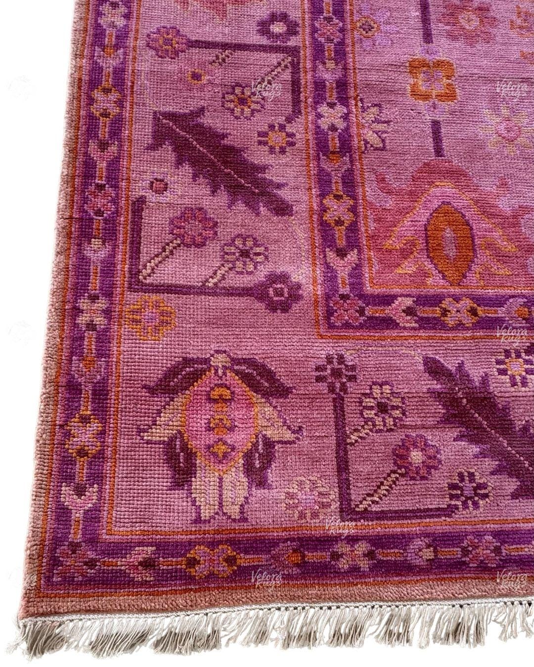 Hand Knotted Purple Oushak Rug – Modern Wool Turkish Style Carpet, Pink Floral Oriental Area Rug for Living Room, Bedroom or Boho Home Decor