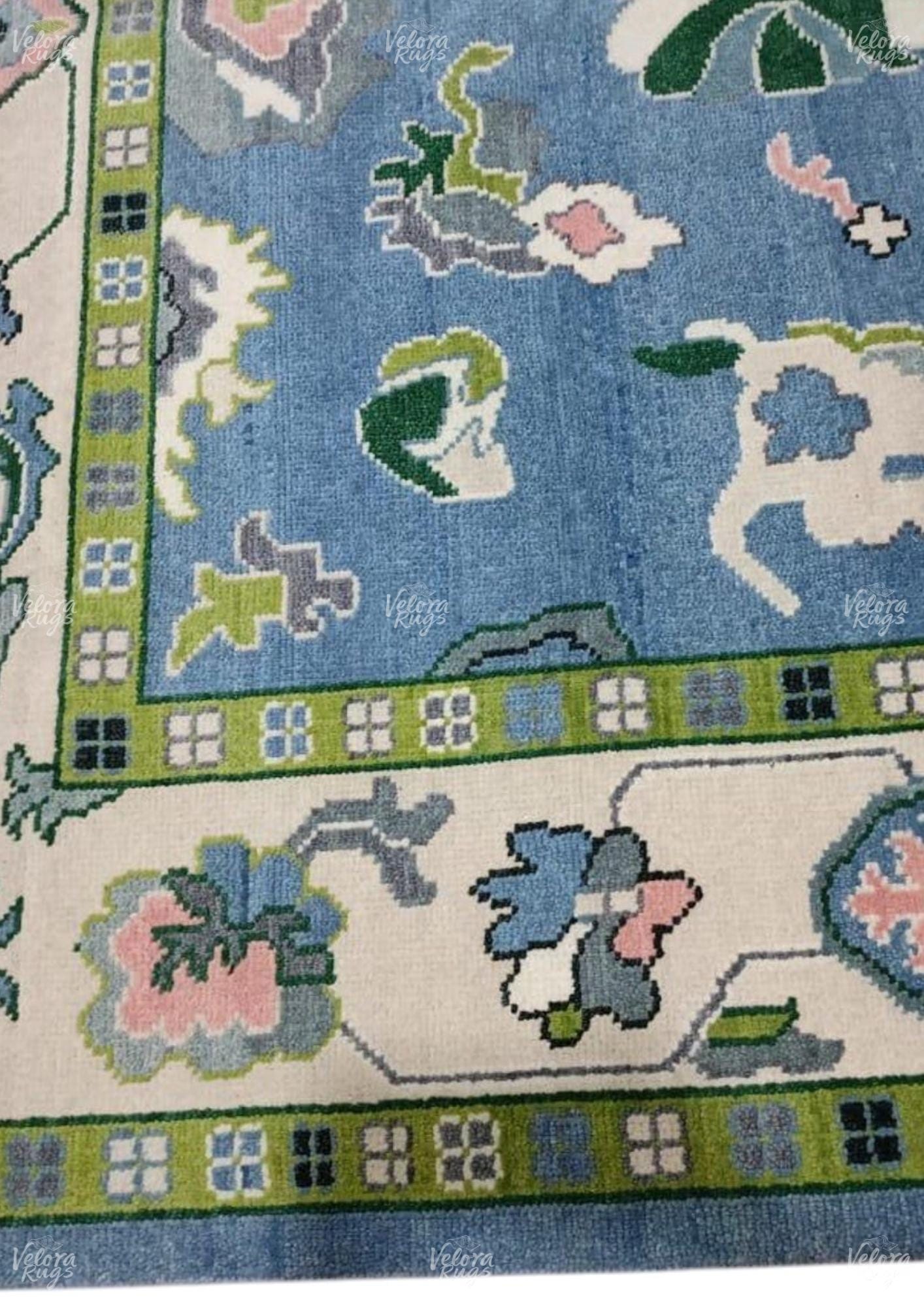 Sky Blue Hand-Knotted Oushak Rug, Turkish Vintage Style Wool Area Rug, Modern Geometric Design Carpet 6x9, 8x10,9x12 ft | Living Room Decor