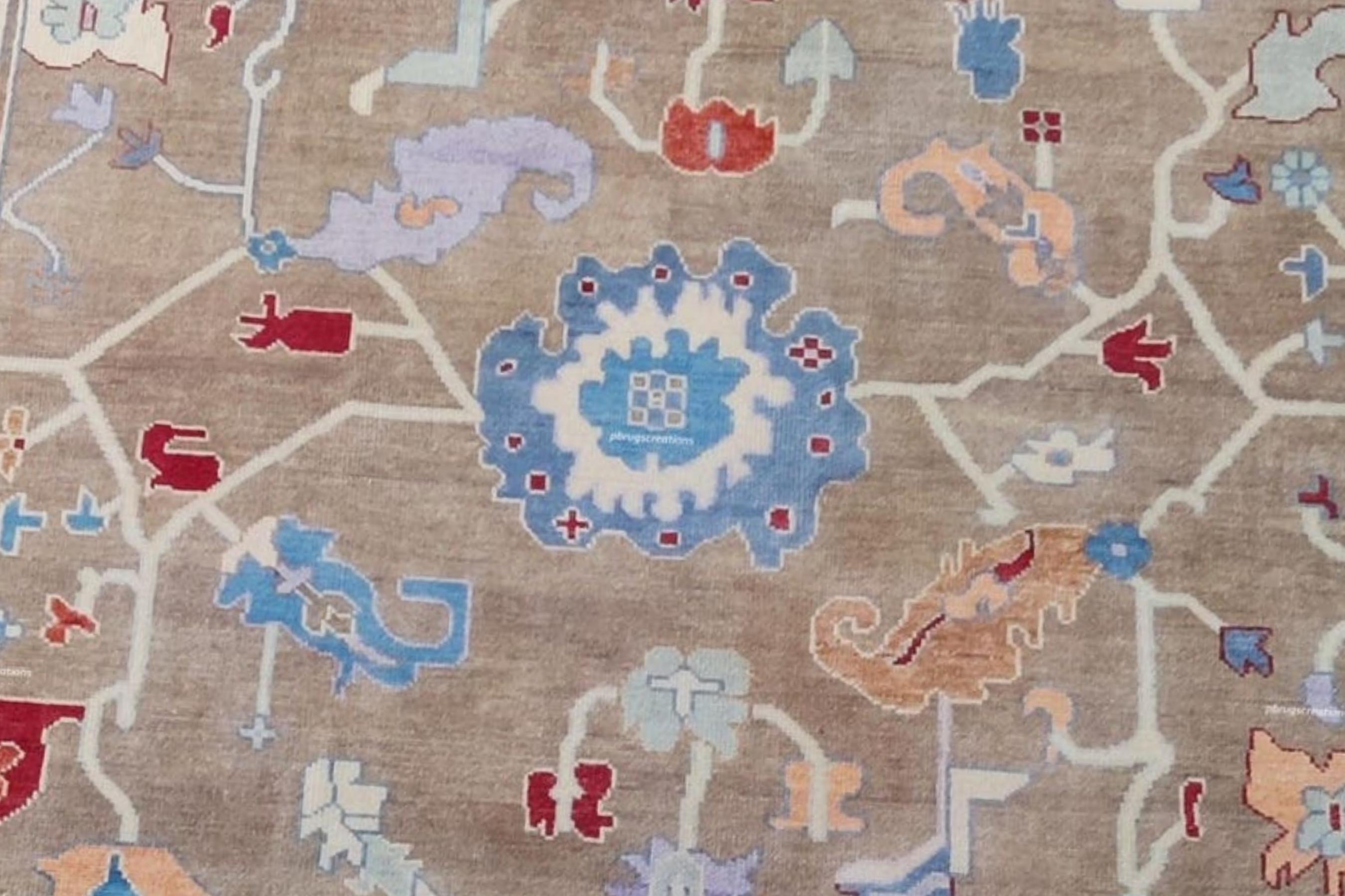 Elegant Beige Indo Oushak Rug, Hand Knotted Floral Pattern Rug for Living Spaces. Available in  4x6 to 12x15 ft | Antique and Modern Design