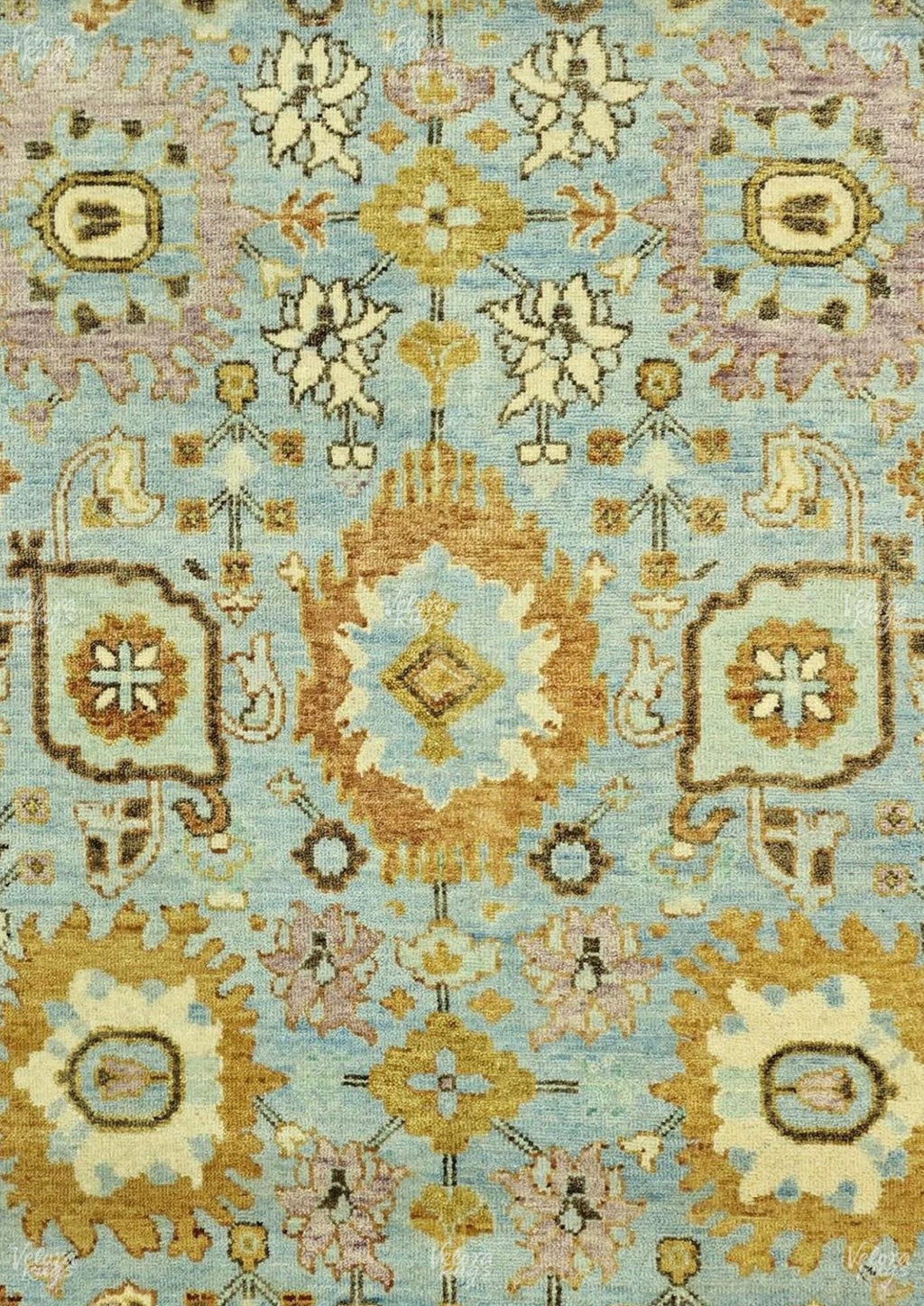 Hand-Knotted Gold Oushak Rug: Vintage Sky Blue Wool Area Rug