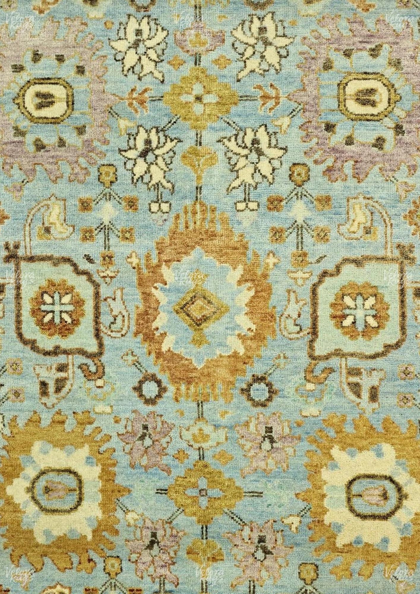 Hand-Knotted Gold Oushak Rug: Vintage Sky Blue Wool Area Rug