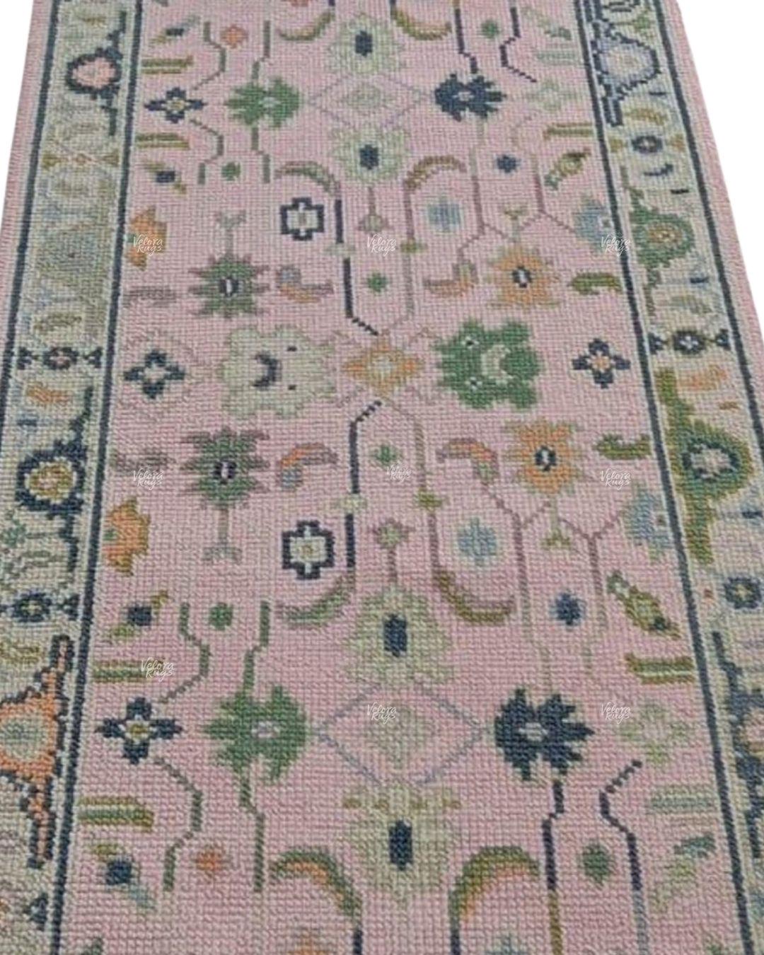 Handmade Pink Oushak Runner Rug – Floral Design Wool Persian Style Hallway Carpet For Entryway, Kitchen & Bedroom Décor, Custom Size Runner