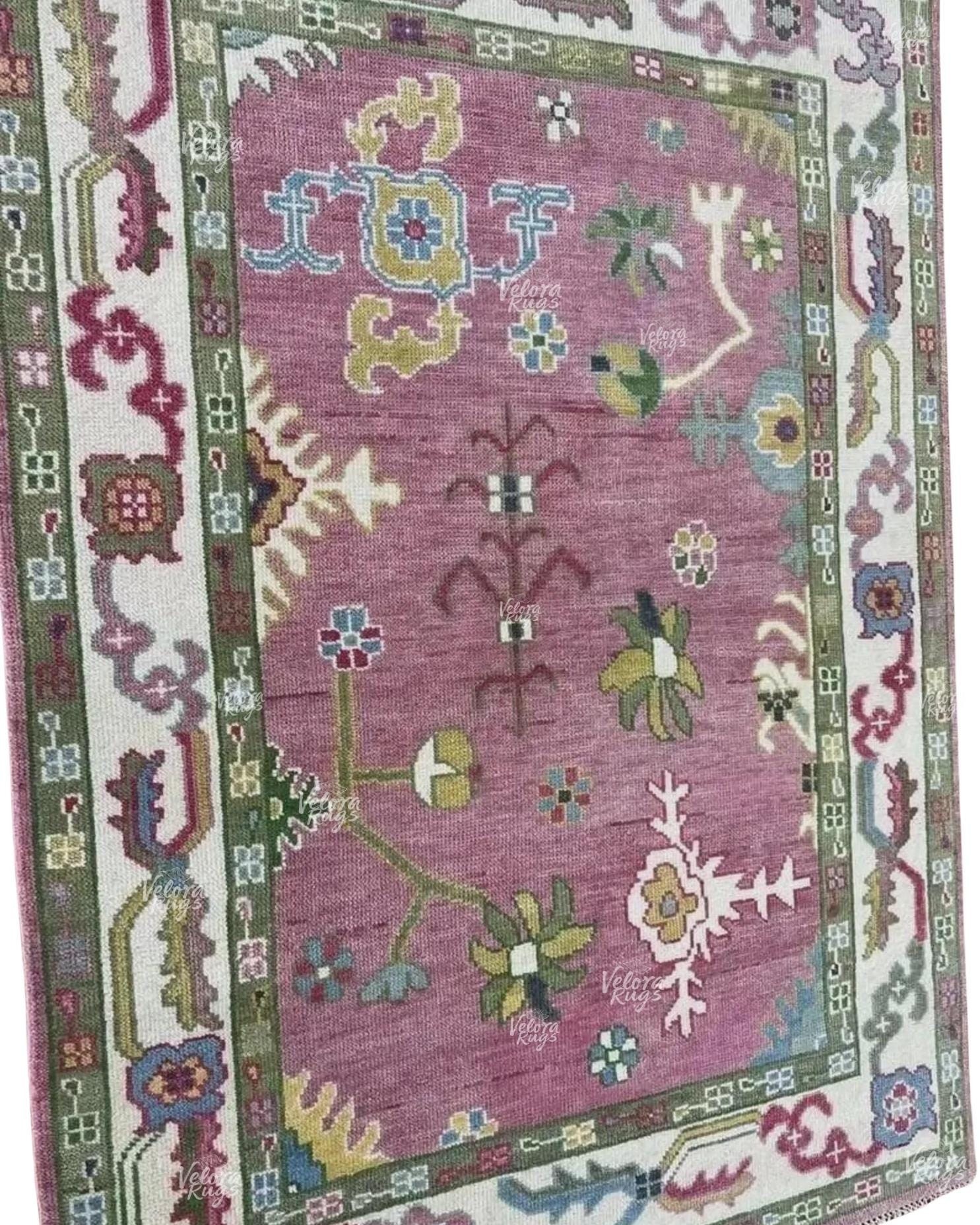 Elegant Hand-Knotted Pink Oushak Rug - Antique-Style Floral Design, Available in 4x6, 5x8, 6x9, 8x10, 9x12, 10x14 ft | Living Room & Bedroom