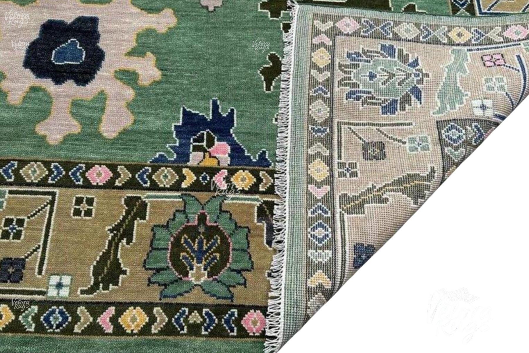 Hand Knotted Green Oushak Wool Rug | Traditional Floral Pattern Carpet | Vintage Turkish Style Area Rug for Living Room & Bedroom |