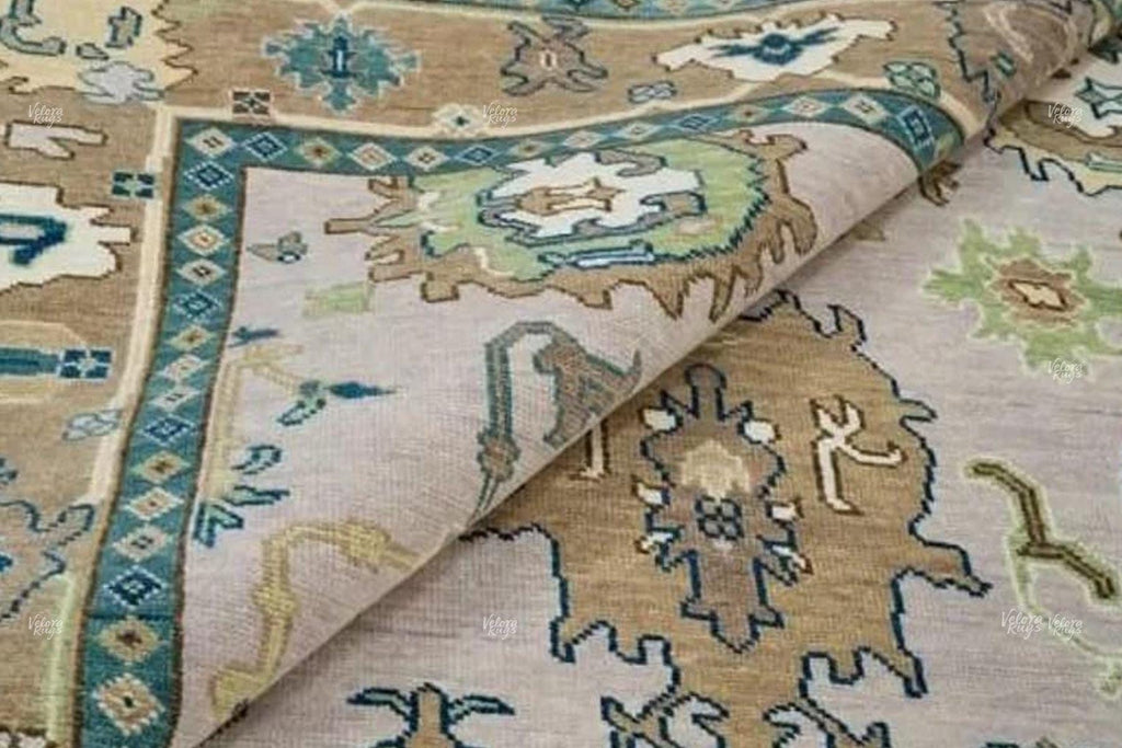 Hand Knotted Wool Oushak Rug | Beige and Green Oriental Area Carpet | Traditional Turkish Style Floral Design | Living Room Home Decor Rug