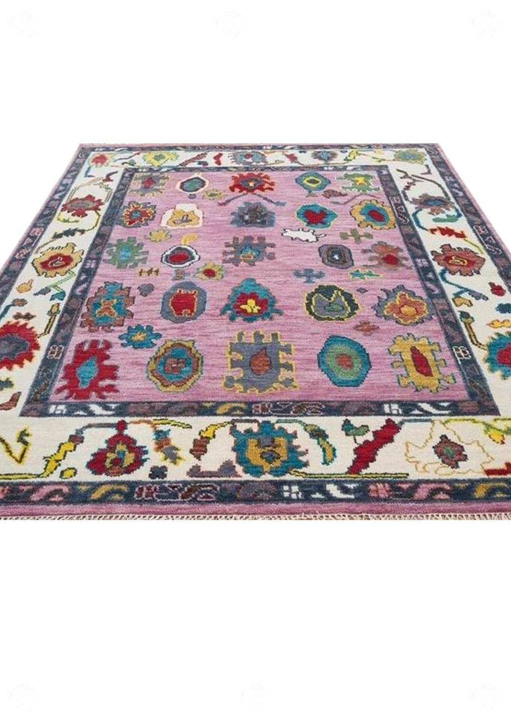 Hand-Knotted Oushak Wool Rug: Beige & Pink Turkish Design