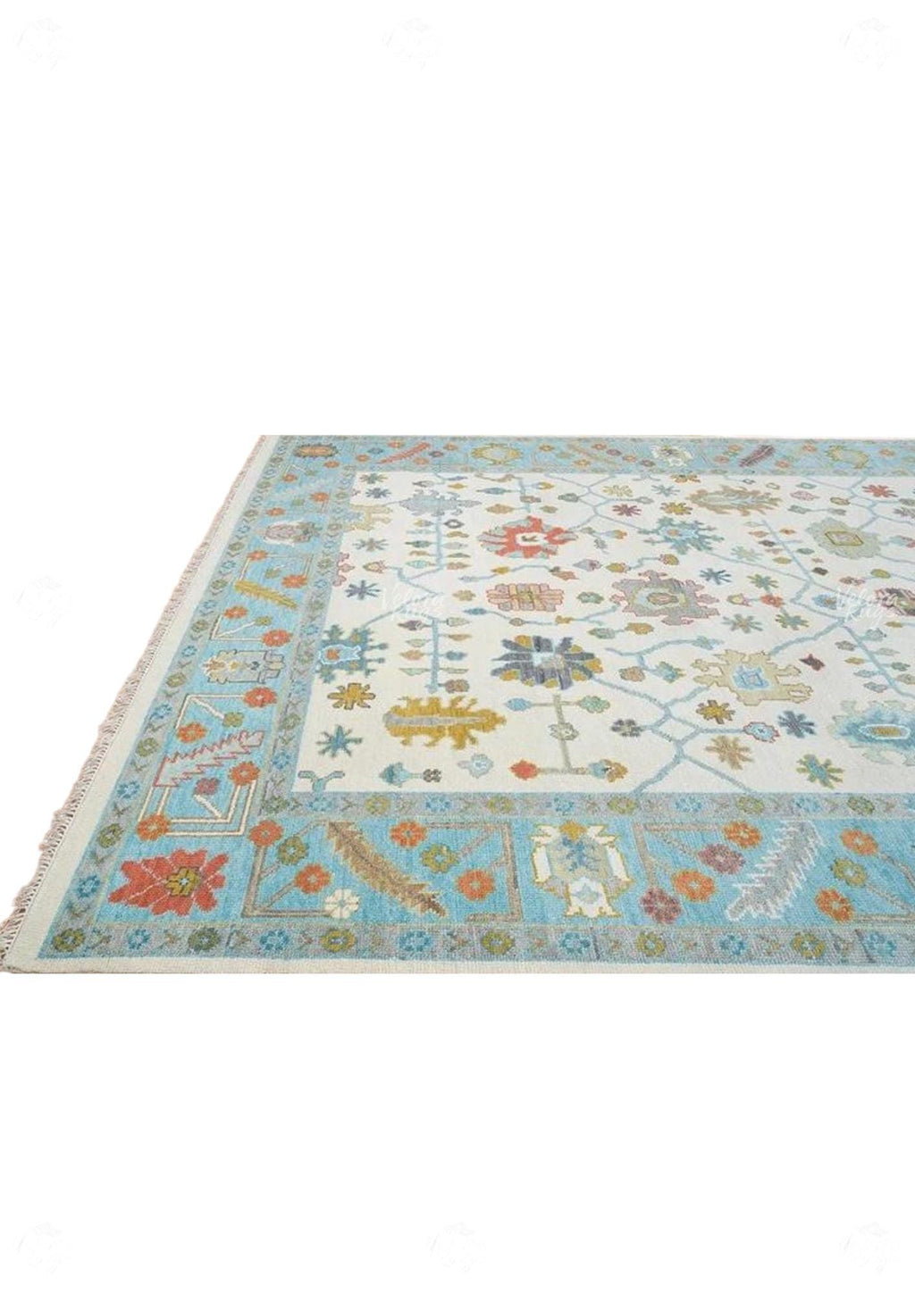 Hand-Knotted Oushak Wool Rug: Ivory, Sky Blue, and Rust Accent
