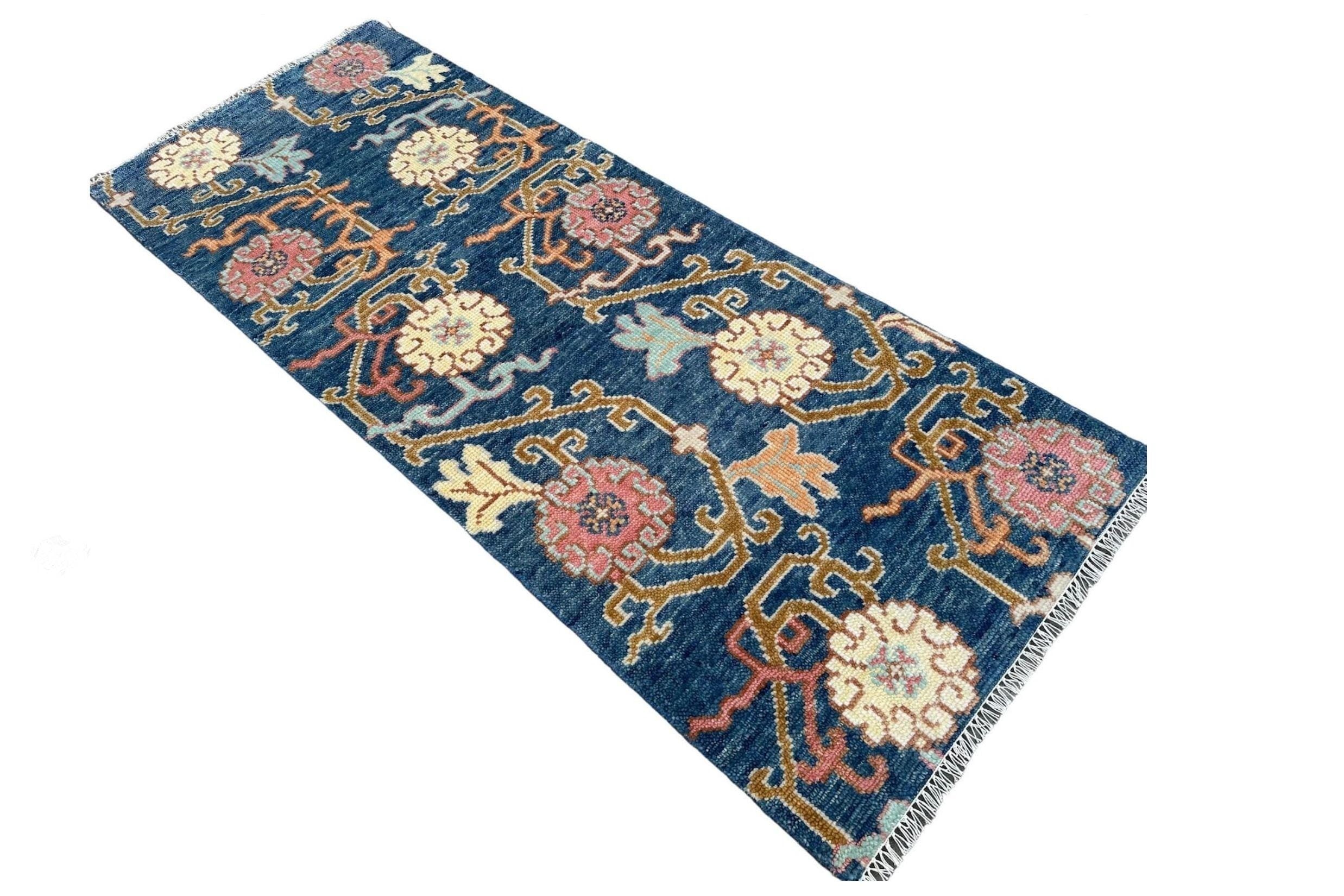 Navy Blue Oushak Runner Rug: Hand Knotted Wool Turkish Carpet - Hallway Runner - Kitchen Runner - Boho Runner Stair Rug | Home Decor
