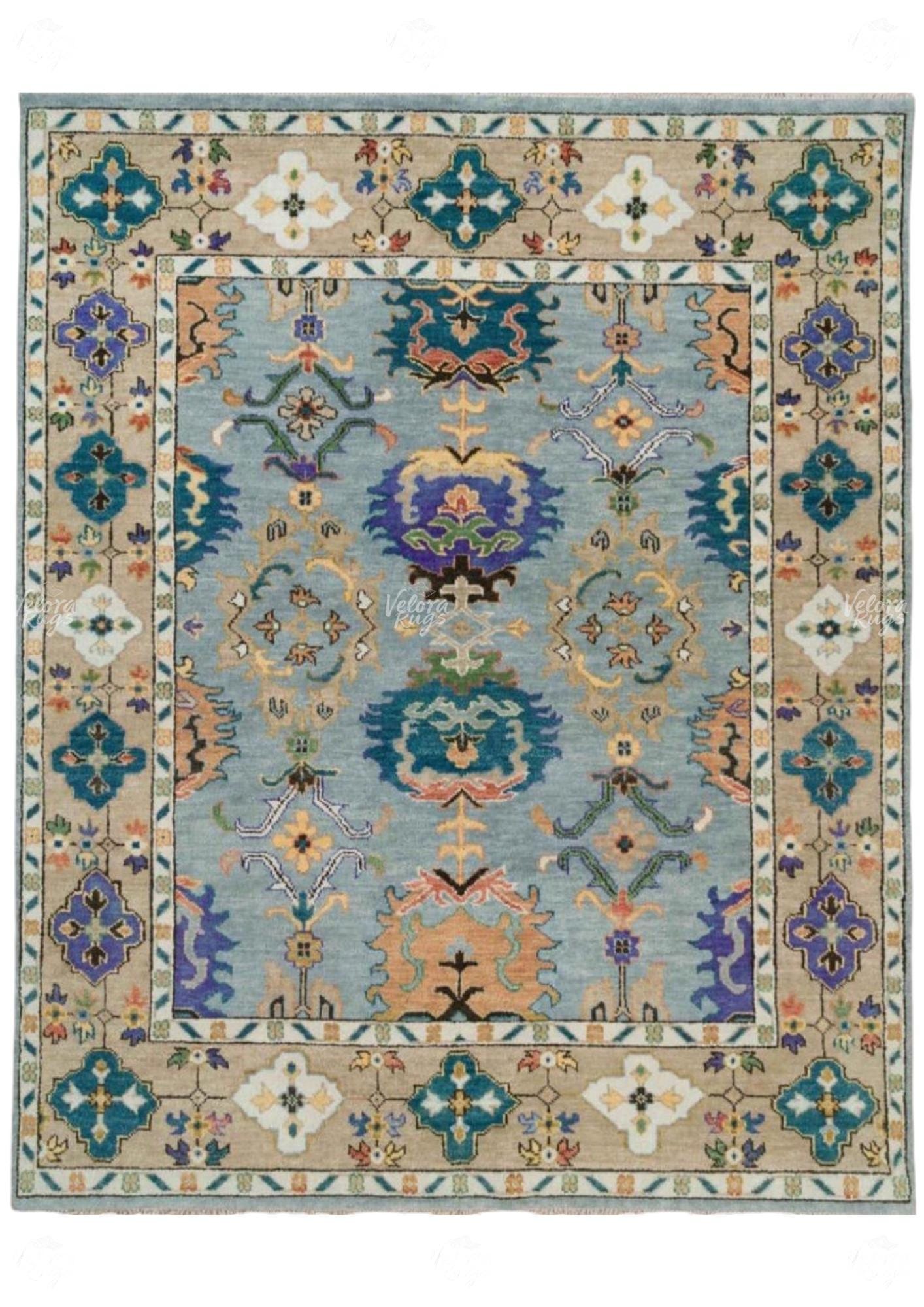 Elegant Blue Hand Knotted Oushak Rug - Antique-Style Contemporary Design, Available in 4x6, 5x8, 6x9, 8x10, 9x12, 10x14 ft | Living Room Rug