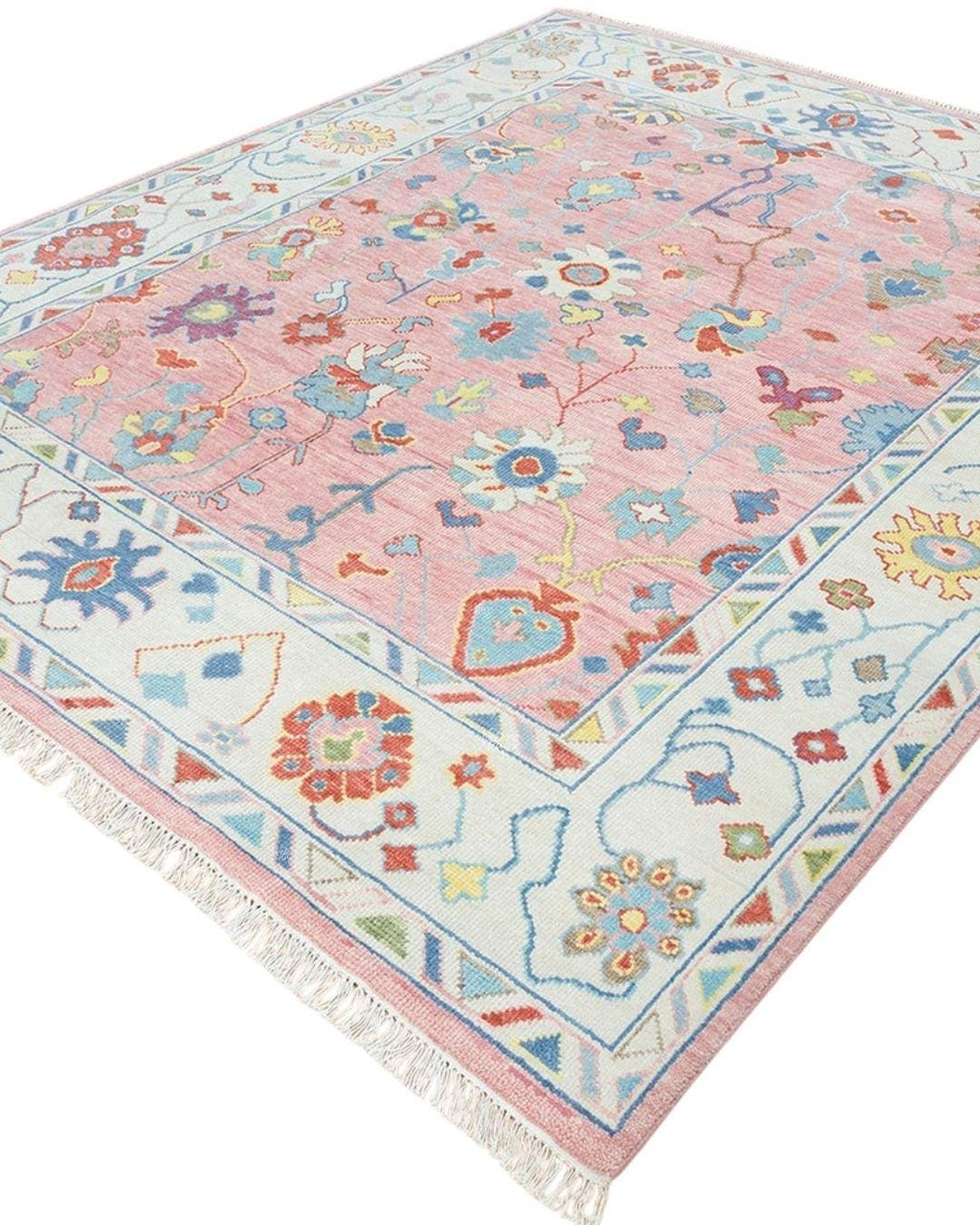 Pink Oushak Rug – Hand Knotted Wool Area Carpet | Light Blue & Ivory Border | Modern Turkish Floral Design | Handmade Boho Living Room Decor
