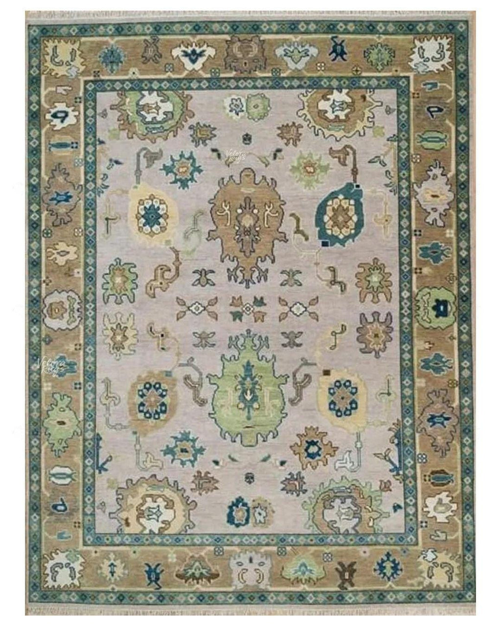 Hand Knotted Wool Oushak Rug | Beige and Green Oriental Area Carpet | Traditional Turkish Style Floral Design | Living Room Home Decor Rug