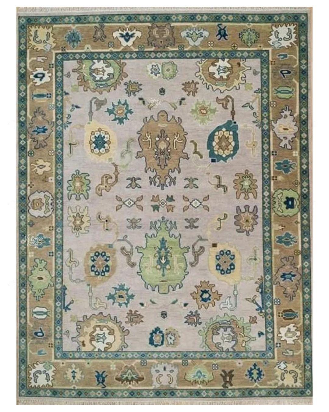 Hand Knotted Wool Oushak Rug | Beige and Green Oriental Area Carpet | Traditional Turkish Style Floral Design | Living Room Home Decor Rug