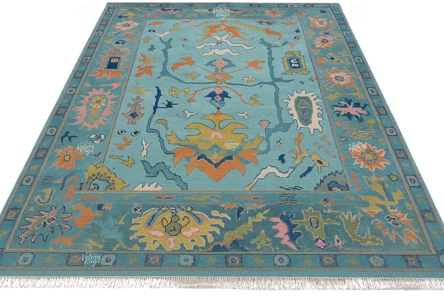 Blue Hand-Knotted Modern Oushak Rug- Antique-Style Contemporary Design, Living Room Rug, Available in 4x6, 5x8, 6x9, 8x10, 9x12, 10x14 ft