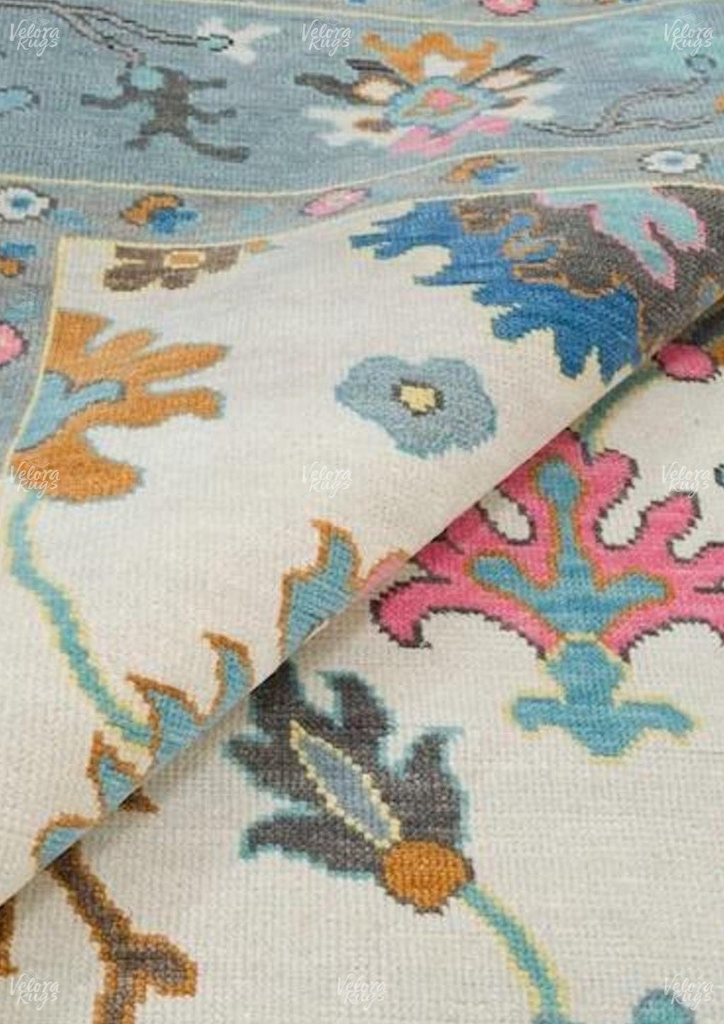 Hand-Knotted Oushak Wool Rug: Beige & Blue Turkish Area Carpet