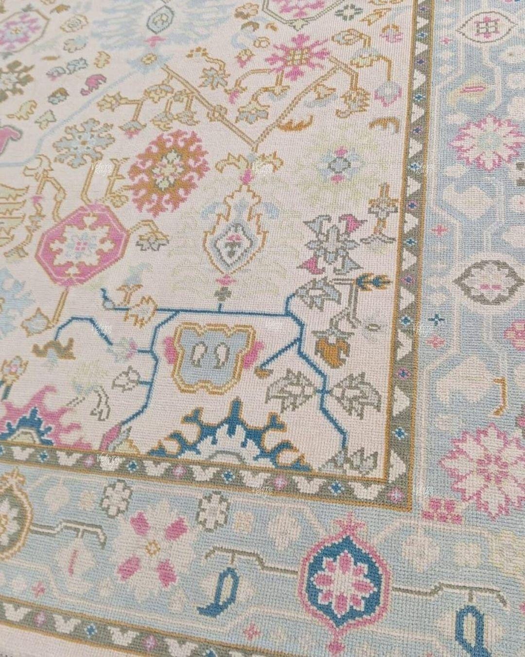 Handmade Blue and Pink Oushak Wool Rug – Turkish Vintage Floral Carpet, Soft Pastel Area Rug For Living Room, Bedroom & Elegant Home Décor