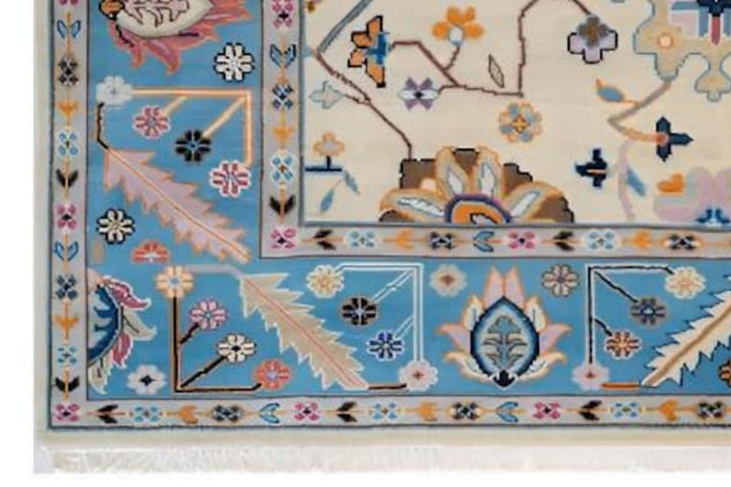 Cream- Lt. Blue Oushak style Hand Knotted Rug 4x6, 5x8, 6x9, 8x10, 9x12, 10x14 ft Contemporary Handmade Rugs for Living Room, Bedroom & Hall