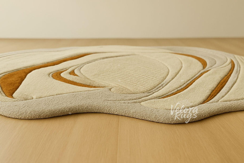 Beige Tufted Wool Rug – Abstract Modern Area Carpet | 3D Textured Handmade Rug with Rust Accents | Neutral Organic Shape Home Decor