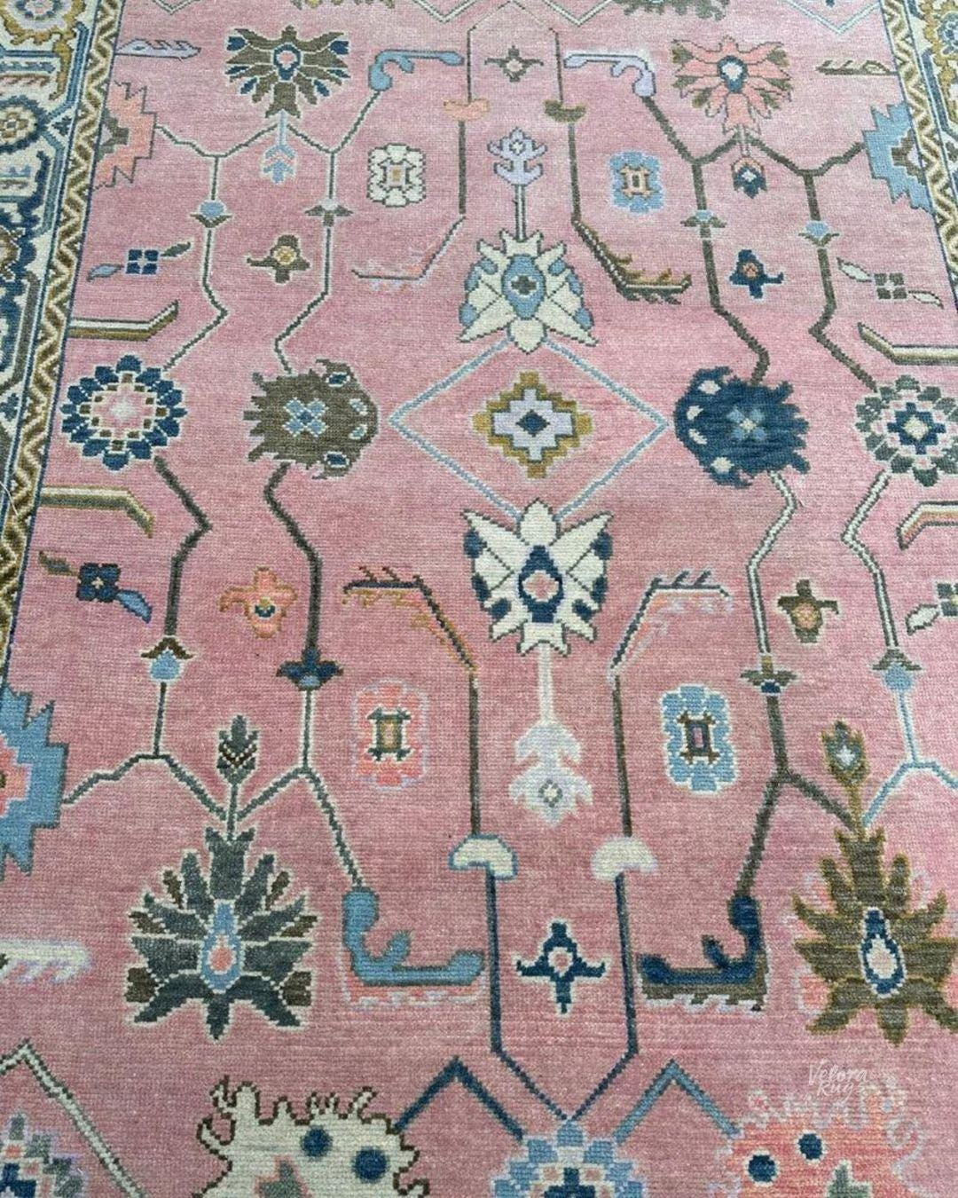 Hand Knotted Pink Wool Rug | Oushak Oriental Area Carpet | Vintage Turkish Style Floral Design | Living Room Boho Home Decor Rug