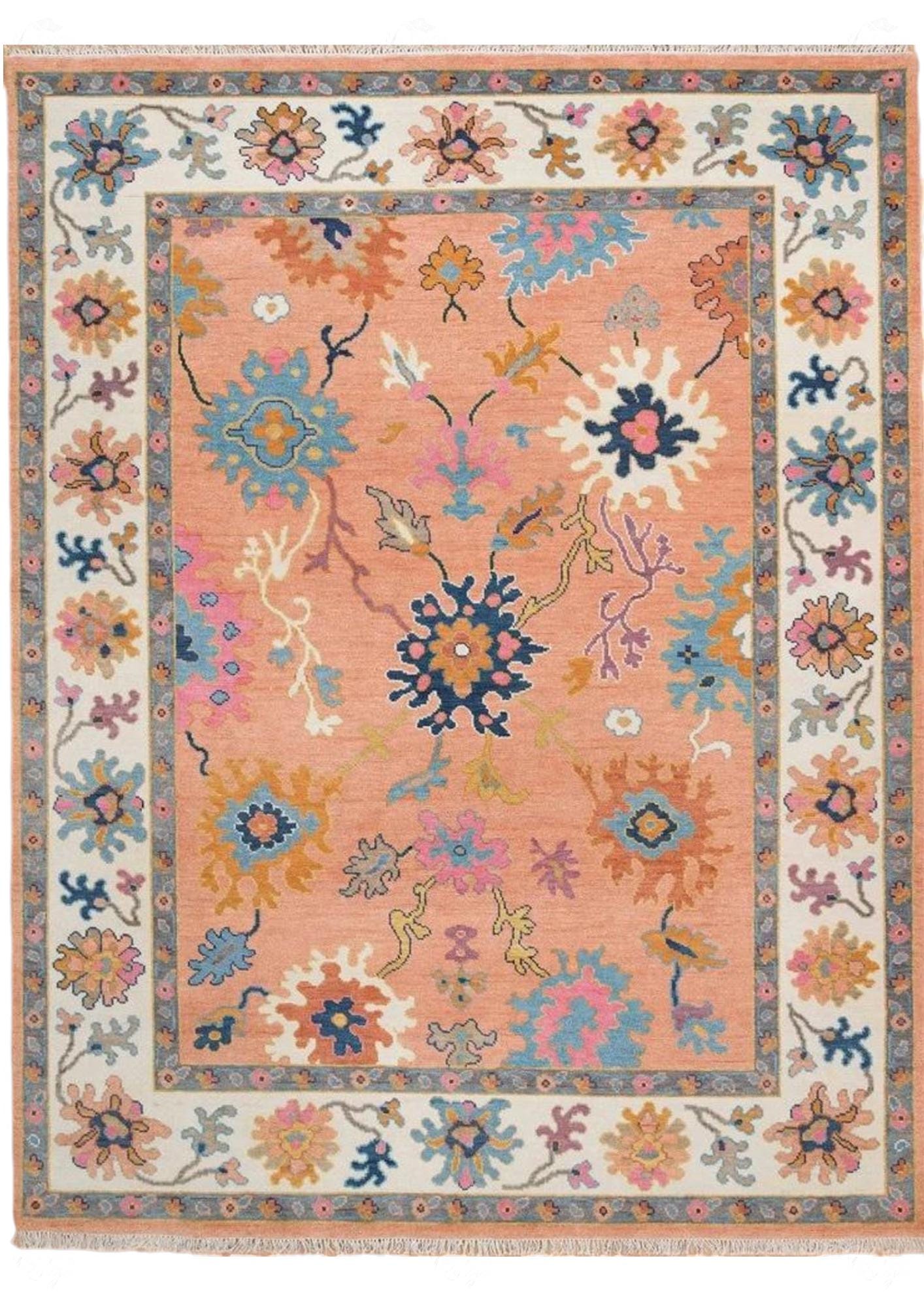 Hand-Knotted Orange Oushak Wool Rug: Modern Turkish Area Carpet