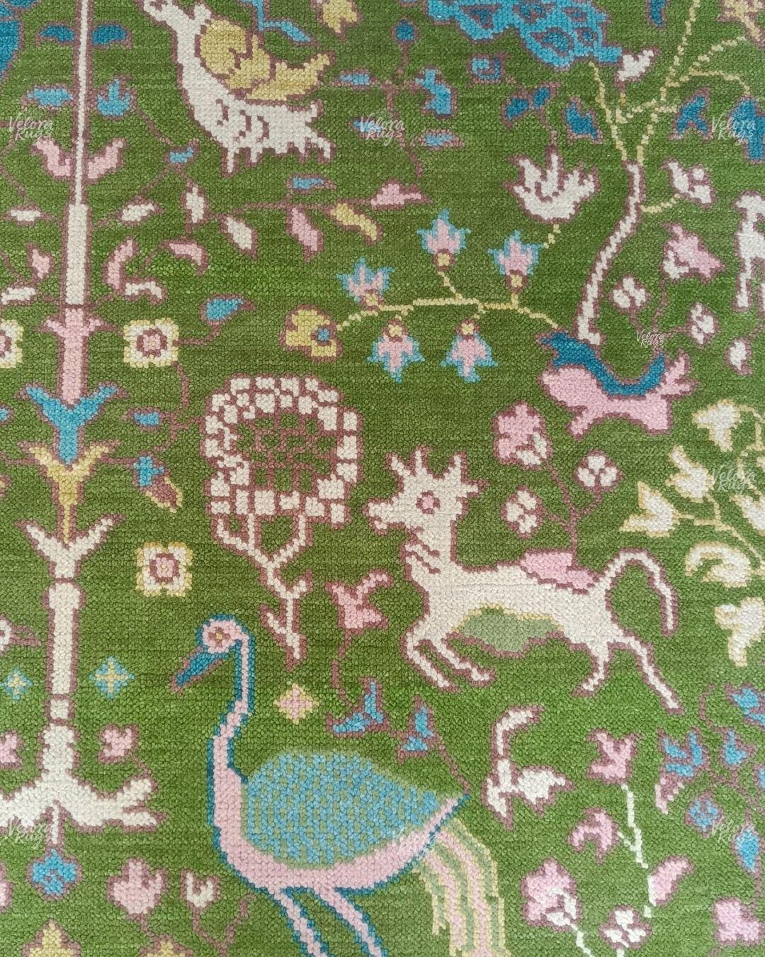 Hand Knotted Green Oushak Rug | Persian Animal Garden Area Rug 4x6, 5x8, 8x10, 9x12 ft | Anique Handmade Rug for Living Room &  Bedroom