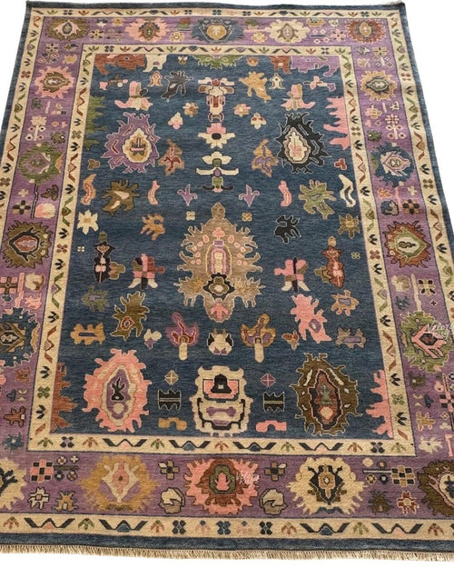 9x12 ft Blue - Lavender Hand Knotted Oushak Rug – Vintage Style Handmade Ethnic Rug | Elegant Boho Floral Rug for Living Room & Bedroom