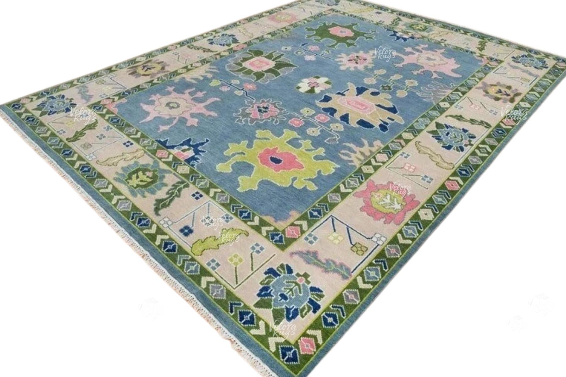 Sky Blue Hand-Knotted Oushak Rug – Modern Turkish Design with Cream Accents | Vintage-Style Wool Area Rug 8x10, 9x12 ft  | Living Room Decor