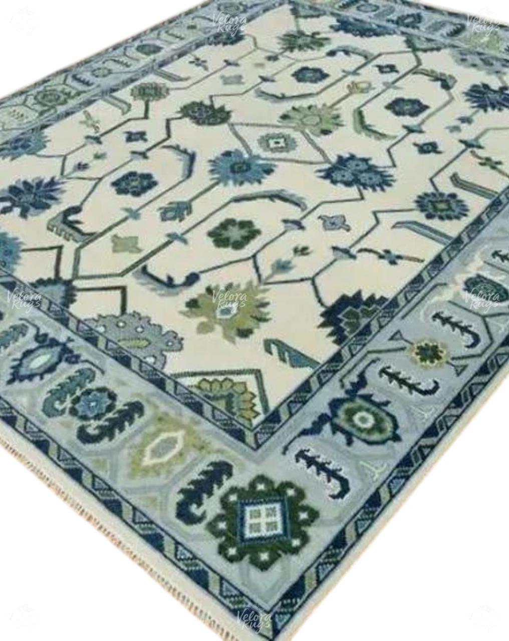 Ivory & Blue Indo Oushak Hand Knotted Rug 4x6, 5x8, 6x9, 8x10, 9x12, 10x14, 12x15 ft Handmade Rugs for Living Room - Antique Ethnic rug